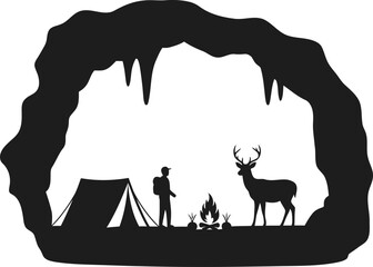 a cave scene with people camping and a deer nearby