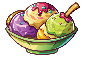 Whimsical Cartoon Ice Cream Sundae with Colorful Toppings and Chocolate Drizzle, a Treat for the Eyes and the Taste Buds