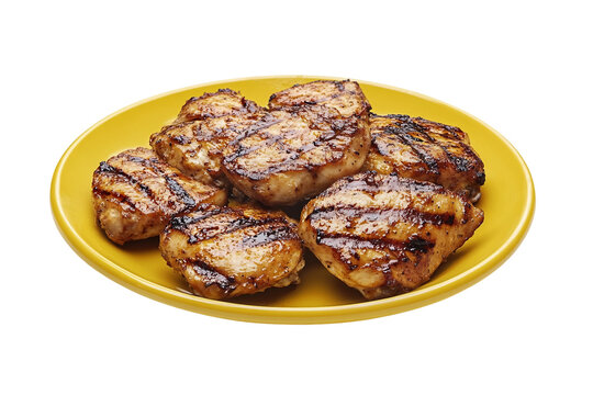 Plate presentation of juicy grilled boneless chicken thigh with golden sear isolated on transparent background