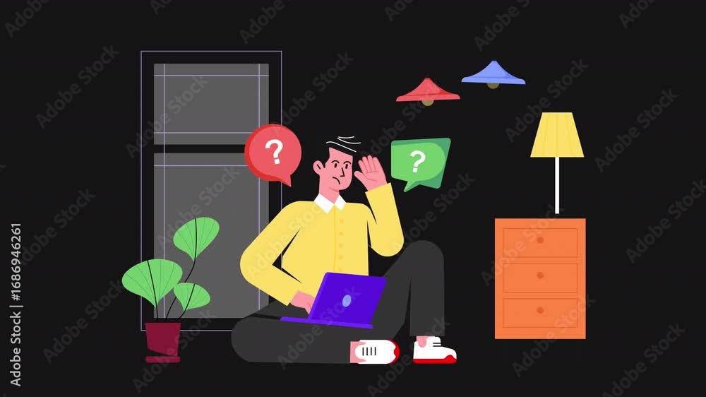 Poster confused man working on laptop 2d motion graphics animation alpha channel