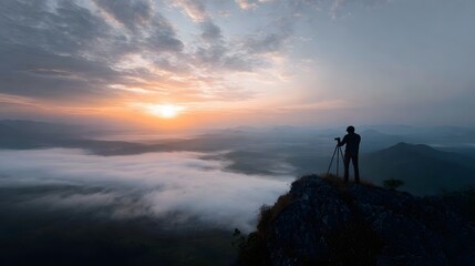 Obraz premium Silhouette of a photographer on a mountain peak capturing a misty sunrise