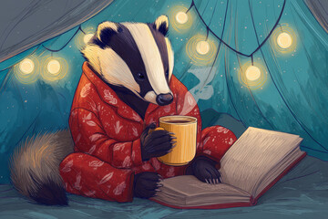Illustration for a children's book, coloring pages for kids, cute animals Cozy badger enjoying a book and coffee in a tent at night.