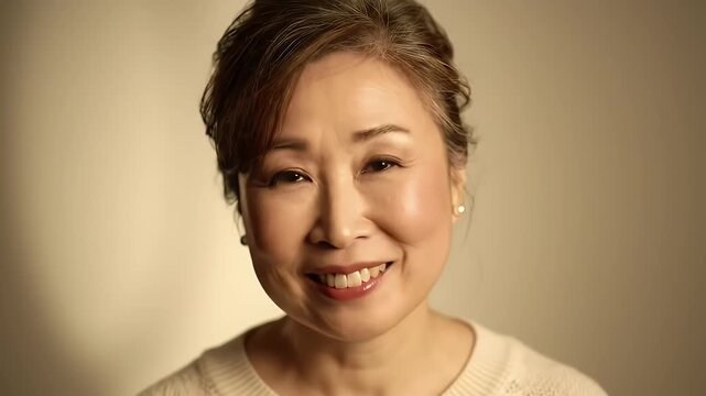 Smiling Woman Portrait in Studio Lighting Neutral Background Asian Ethnicity Mature Woman with Positive Expression Warm Tones Fair Skin Complexion Elegant Hairstyle Soft Makeup Friendly Face