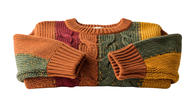Colorful Knitted Patchwork Sweater – Folded Autumn Fashion on White Background