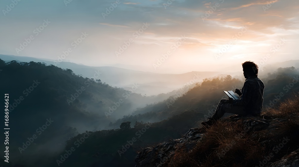 Aufkleber a lone figure sits on a cliff edge sketching in a notebook overlooking a vast misty mountain valley 