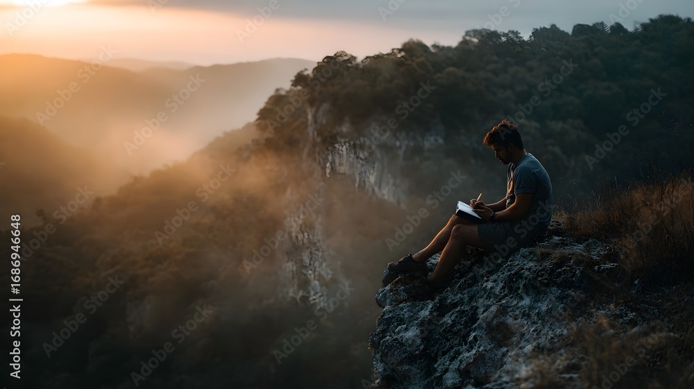 Poster man sitting on a cliff edge sketching in a notebook with a backdrop of misty mountains at sunrise