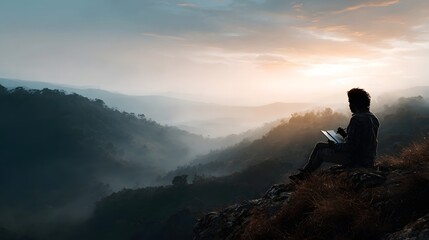 A lone figure sits on a cliff edge sketching in a notebook overlooking a vast misty mountain valley at sunrise