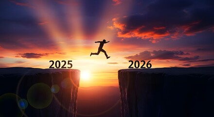 Fototapeta premium person jumping between years 2025 and 2026 over cliff, silhouette, sunset, dramatic sky, bold colors, cinematic, photorealistic