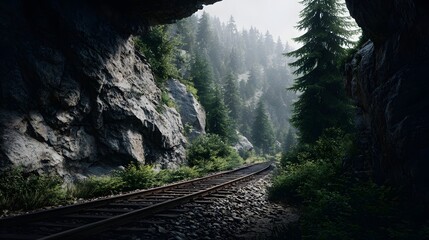 A railway track winds through a misty mountainous forest landscape emerging from a rocky overhang