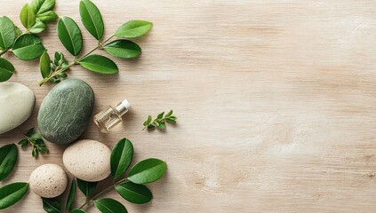 Natural spa wellness concept with stones leaves and essential oil on wood.