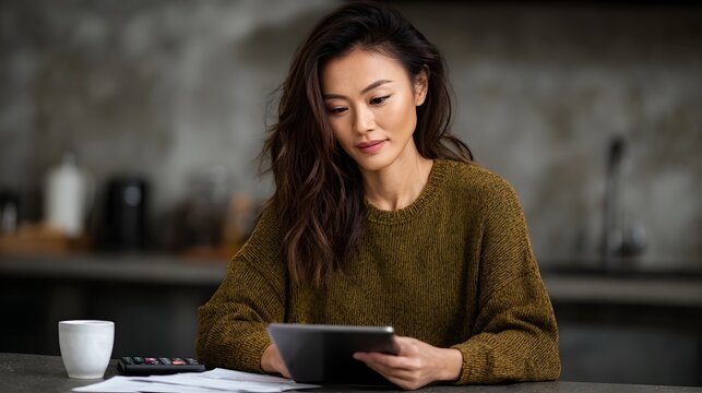Asian woman diligently managing her personal budget and finances on a tablet at the kitchen table surrounded by calculator and papers