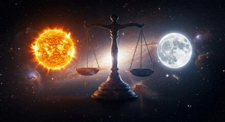 Celestial scales balancing radiant sun and serene moon against a cosmic galaxy backdrop, symbolizing universal equilibrium and cosmic harmony