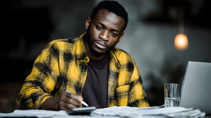 A young Black man intently calculating financial data using a calculator and laptop surrounded by documents and receipts on his desk
