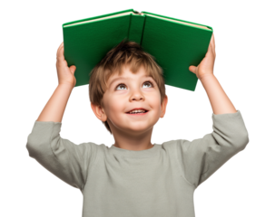 A cheerful young boy holds a vibrant green book above his head, gazing upwards with a look of wonder and happiness, symbolizing learning and curiosity isolated on a transparent background