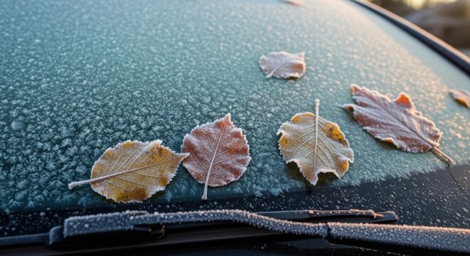 Photo of closeup of fallen autumn leaves covered in delicate frost on a car windshield, highlighting the crispness of a cold morning