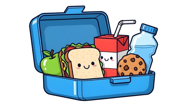 Adorable cartoon lunchbox packed with a smiling sandwich, apple, cookie, juice, and water for kids