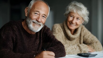 Elderly couple smiling while planning their financial future at home with documents and calculator