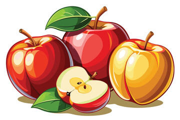 Vibrant Apple Still Life Capturing Nature's Sweetness with Sliced Fruit and Lush Green Leaves in a Colorful Composition