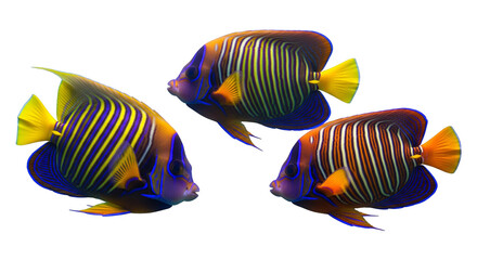 Naklejka premium Colorful Angelfish Trio – Vibrant Tropical Fish on White Background