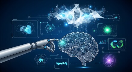 Robotic hand interacts with glowing neural network brain and digital interface data