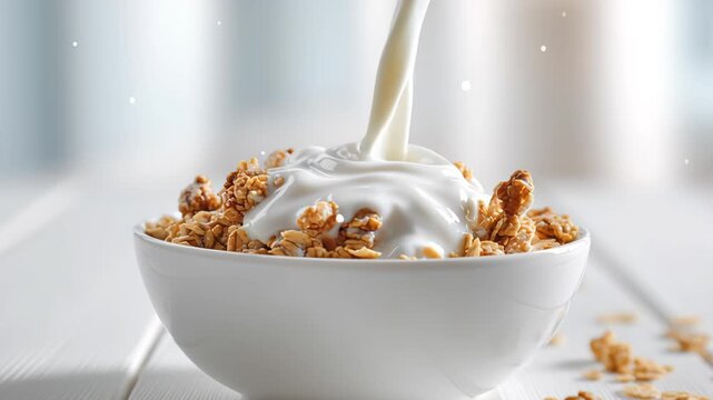 Milk yogurt white color pour into white glass bowl close-up. Stream of cream falling into bowl. Dairy products. Fresh pasteurized cream pouring into bowl to combine with granola for breakfast