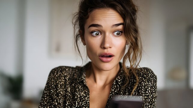 Woman with a surprised expression looking at her smartphone at home - Powered by Adobe