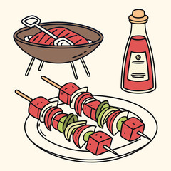 Vibrant Skewered Delight A Colorful Still Life of Grilled Meat and Vegetables with Sauce Bottle on a Plate