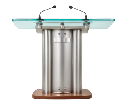 Modern steel frame podium with glass top, dual microphones, and wood base, ideal for conferences, lectures, or public speaking in professional or educational settings