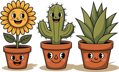 Cute cartoon plant illustration, smiling cactus sunflower aloe in pots, fun and playful indoor plant vector art for kids decor