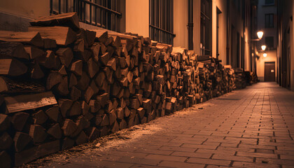Woodpile stacked along a narrow alleyway lit by vintage lamps.