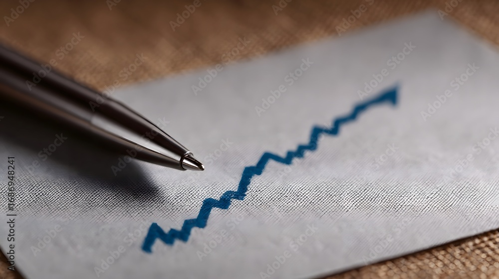 Poster close up view of a silver pen creating a blue jagged upward trend line graph on textured paper symbo