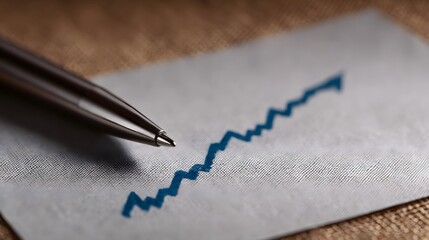 Close up view of a silver pen creating a blue jagged upward trend line graph on textured paper symbolizing progress