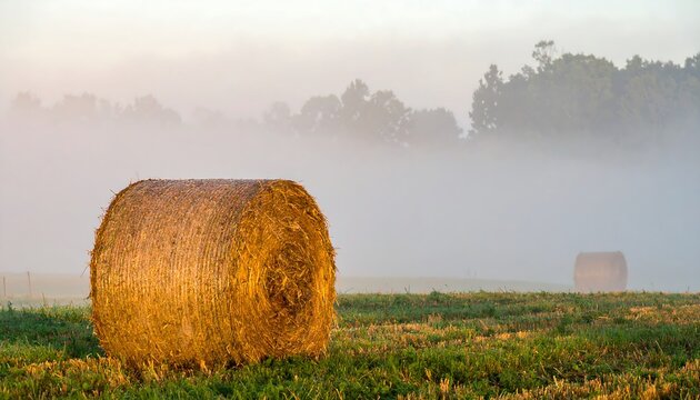 Hay bales in a misty field at dawn - Powered by Adobe