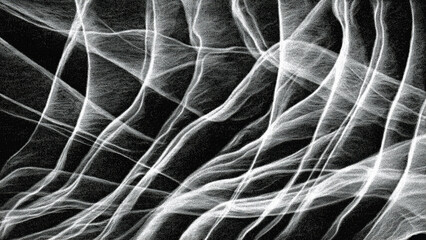 Abstract white interwoven lines on a dark background, layered monochrome wave pattern with crossing motion, ideal for wallpaper, poster, or modern graphic design.