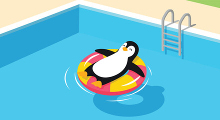 Adorable penguin relaxing in a floating ring in a bright blue swimming pool on a sunny day