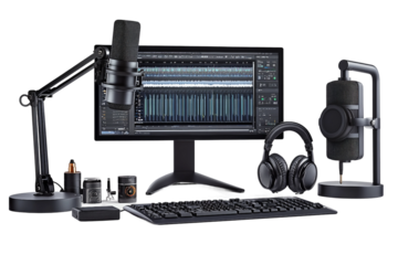 Studio podcasting setup highlighting professional microphone isolated on transparent background