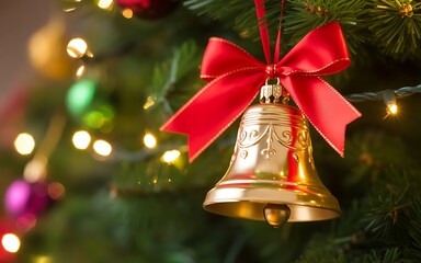 A close up of a golden christmas bell with a red bow hanging on a christmas tree branch with lights