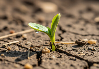 Fototapeta premium Close-up of a young seedling emerging from dry, cracked earth with a water droplet.
