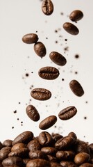 High-speed photo of roasted coffee beans captured in mid-air. Sharp detail on foreground beans, soft blur background, coffee dust particles glowing in warm light, dynamic caffeine concept.