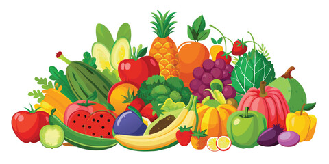 Colorful Flat Vector Illustration of Fresh Fruits and Vegetables for Healthy Eating and Lifestyle Promotion or Food Related Designs