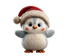 Cute penguin doll wearing red Santa hat, fluffy fur, round body, big blue eyes, festive holiday decoration, cheerful winter character, isolated on transparency background