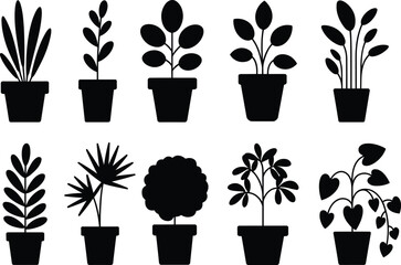 Set of elegant black plant silhouettes, potted houseplant clipart, modern botanical vector illustrations for decor, logos, and design