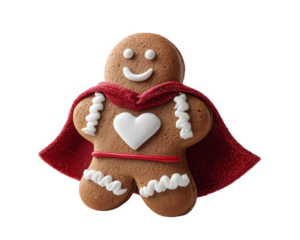 Gingerbread man superhero costume red cape heart cookie icing smiling festive holiday cheerful isolated