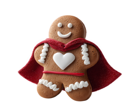 Gingerbread man superhero costume red cape heart cookie icing smiling festive holiday cheerful isolated