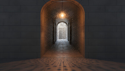 Fototapeta premium Dimly lit corridor with a sparkling, cascading light effect.