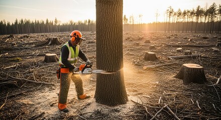 Lumberjack cutting tree in deforested area with chainsaw tool