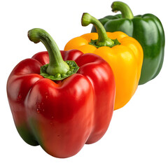 Three bell peppers of different colors in a row