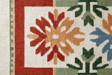 Colorful floral pattern on woven textile featuring intricate designs in red, blue, green, and orange, showcasing craftsmanship and artistic expression in fabric art