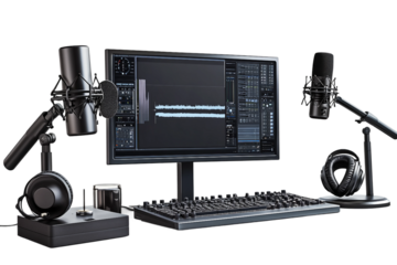 High-quality podcast setup with professional microphone isolated on transparent background