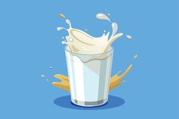 Refreshing Glass of Milk with a Dynamic Splash Against a Serene Blue Backdrop, Evoking a Sense of Purity